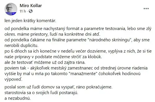 Miroslav Kollár status testovanie