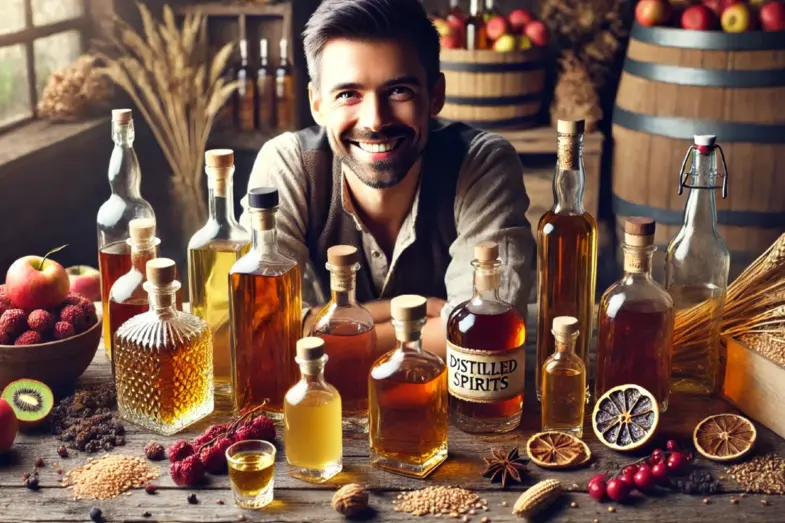 Pálené, pálené, buď pochválené: Originálny kvíz pre milovníkov destilátov! 9 Rôzne fľaše páleniek a destilátov usporiadané na drevenom stole s veselým mužom v pozadí – titulný obrázok k jedinečnému kvízu o pálenkách.