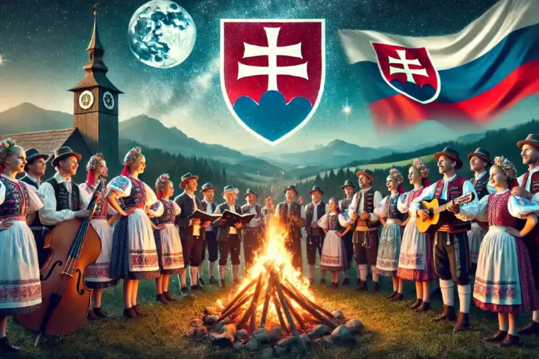 Slovenské ľudové piesne: Si skutočný znalec alebo spievaš úplné nezmysly? 19 Spevácky zbor v krojoch spieva slovenské ľudové pesničky pri vatre – titulný obrázok k kvízu o slovenských ľudových piesňach.