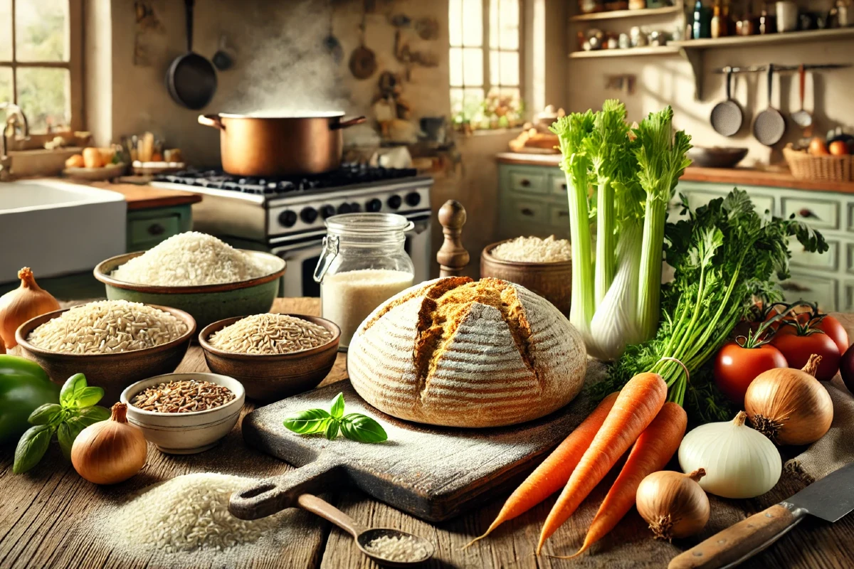 Ste skutočný gurmán? Preveríme to v našom kuchárskom kvíze! 2 Obrázok zachytáva elegantne upravený kuchynský stôl s čerstvo upečeným chlebom z celozrnnej múky, vedľa ktorého sú rôzne suroviny – múka, ryža Arborio, bylinky (bazalka) a zelenina (mrkva, zeler, cibuľa) pripravené na prípravu "mirepoix". V pozadí je v hrnci pomaly bublajúce rizoto, ktoré dopĺňa atmosféru domácej kuchyne a kulinárskej kreativity.