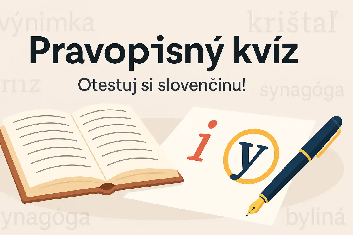 ravopisný kvíz – Otestuj si slovenčinu. Obrázok s knihou, perom a listom s písmenami i a y.