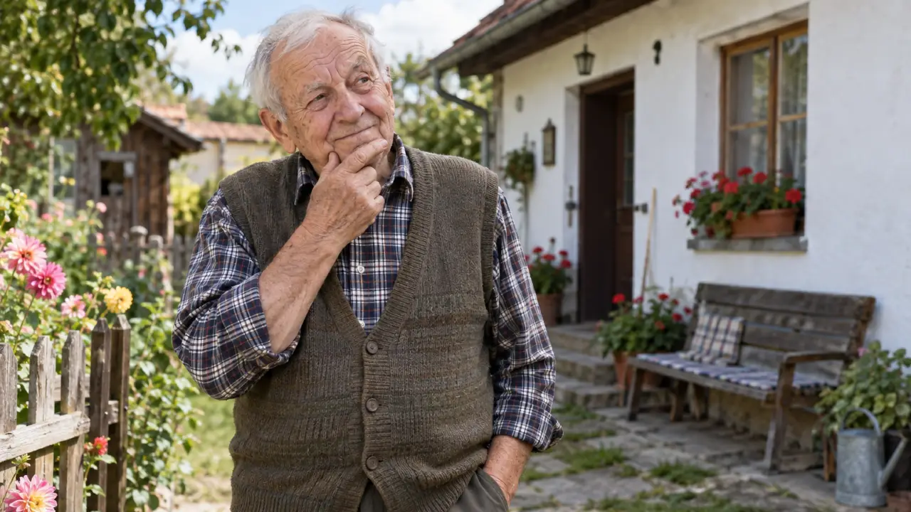 Milí seniori, čo vám zostalo zo školy a čo zo života? Týchto 10 otázok preverí oboje #315 1 senior pred domom premýšľa