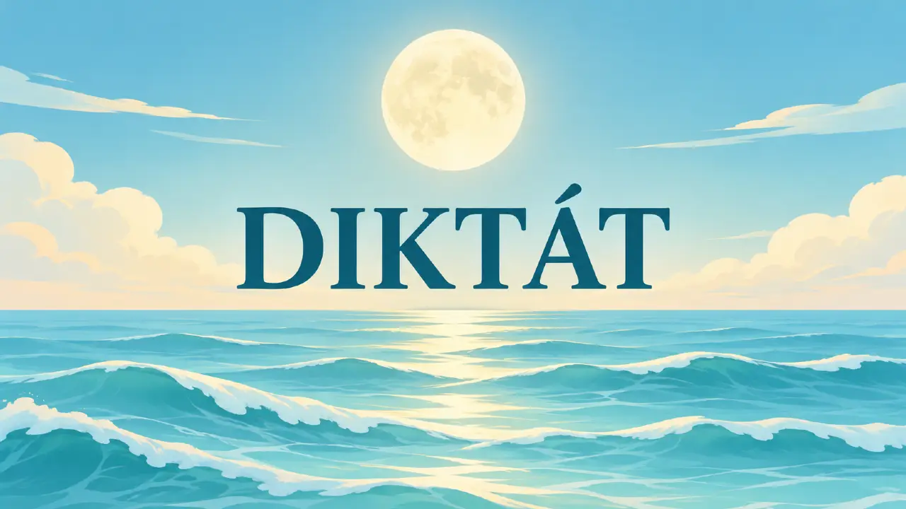 Morské vlny a Mesiac okolo nápisu Diktát