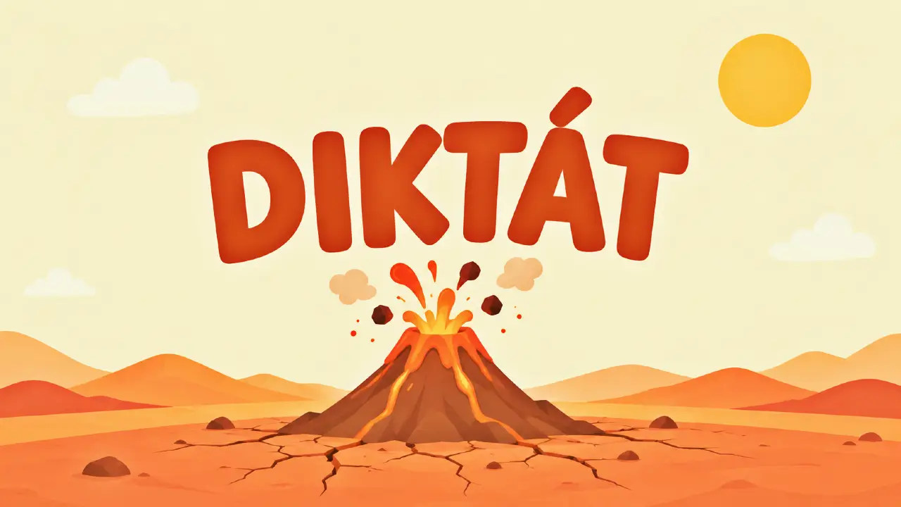Sopky a zemetrasenia ukrývajú aj pravopisné pasce. Nájdete ich všetky? 1 Ilustrácia sopky a popraskanej zeme s nápisom Diktát.