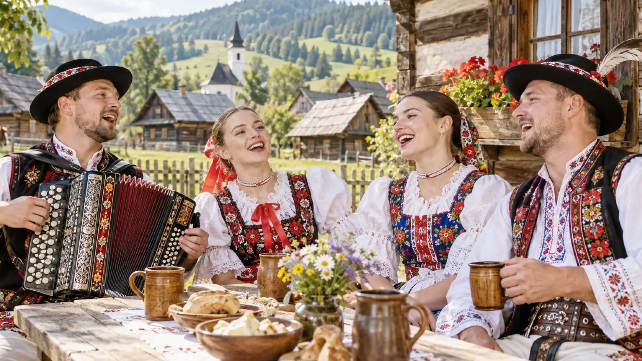 Poznáte naozaj dobre slovenské ľudové piesne? Tento kvíz preverí vašu pamäť 1 Ľudia v slovenských krojoch spievajúci ľudové piesne
