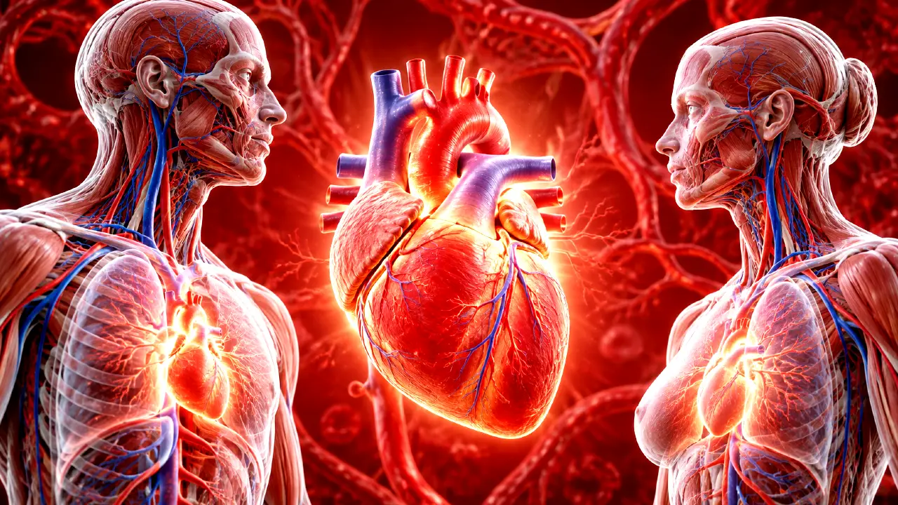 Ľudské srdce pozná každý: Zvládnete však týchto 10 otázok o jeho fungovaní? 1 Anatomická ilustrácia ľudského srdca medzi dvoma ľudskými postavami s viditeľným cievnym systémom na tmavočervenom pozadí.