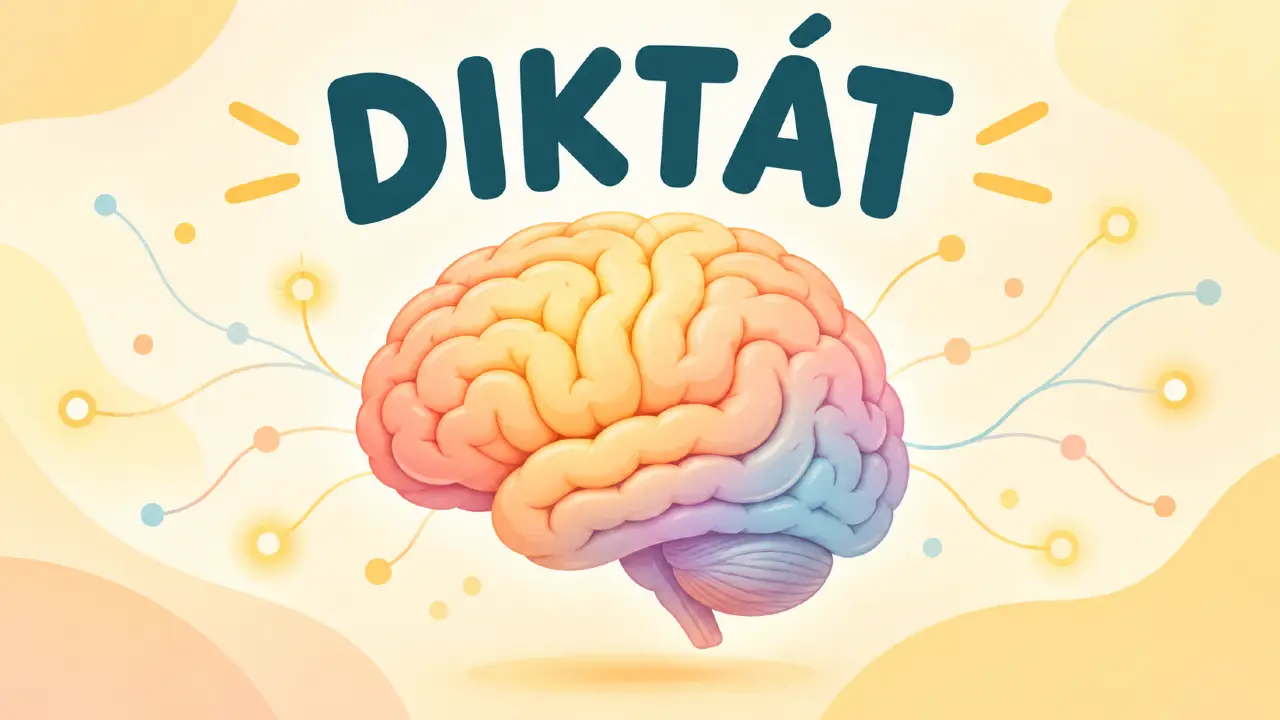 Ilustrácia ľudského mozgu s nápisom Diktát.