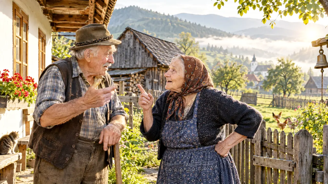 Starší ľudia na slovenskom vidieku rozprávajúci sa nárečím