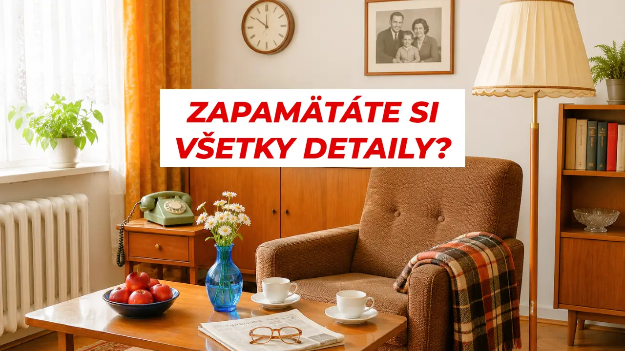 Pamäťový test pre seniorov: Pozrite sa na obrázok 30 sekúnd, koľko detailov si zapamätáte? 1 Retro obývačka so starým rádiom, zeleným telefónom, kreslom, lampou a stolíkom s jablkami, šálkami a okuliarmi.