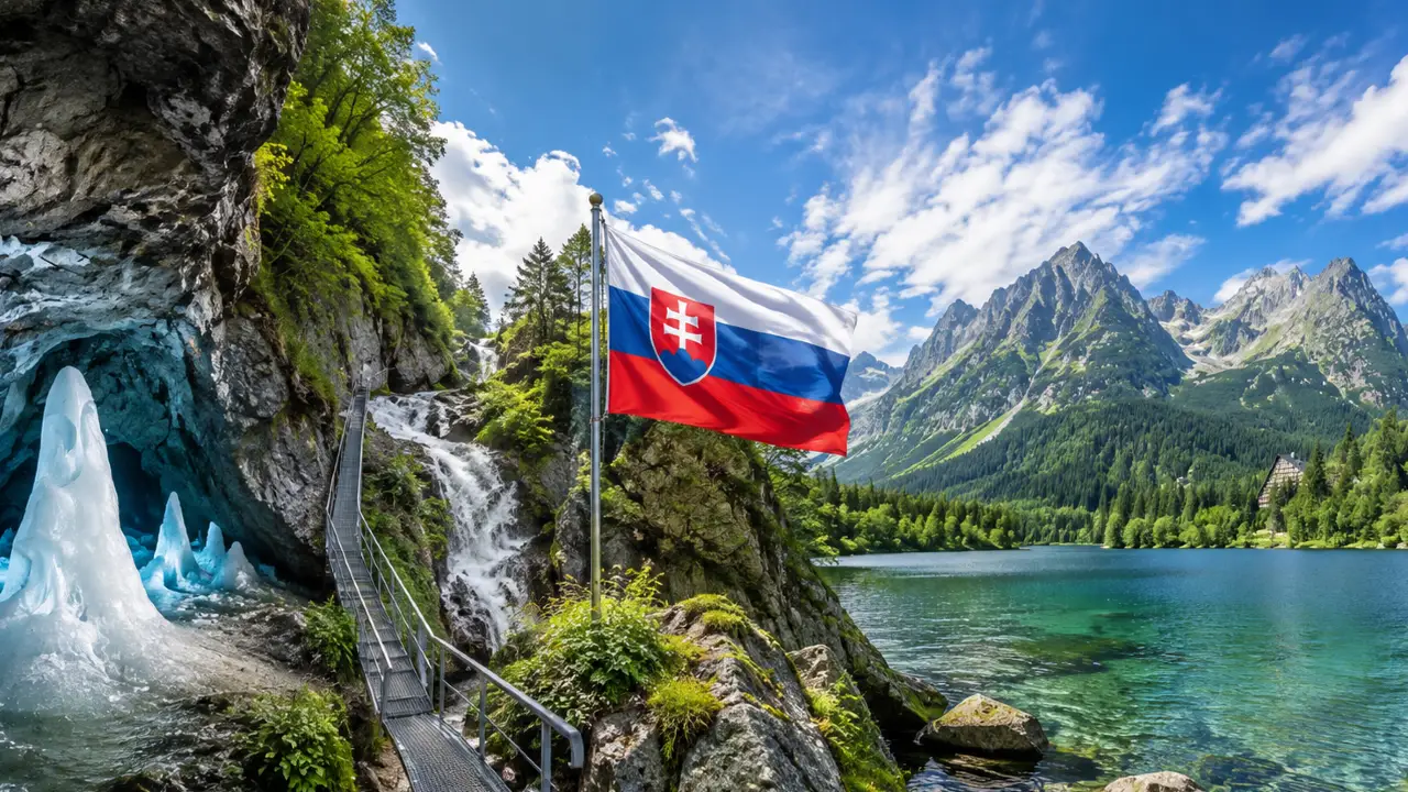 Slovenská vlajka uprostred koláže slovenskej prírody – horské pleso, tiesňava s vodopádom a rebríkom a vstup do ľadovej jaskyne.