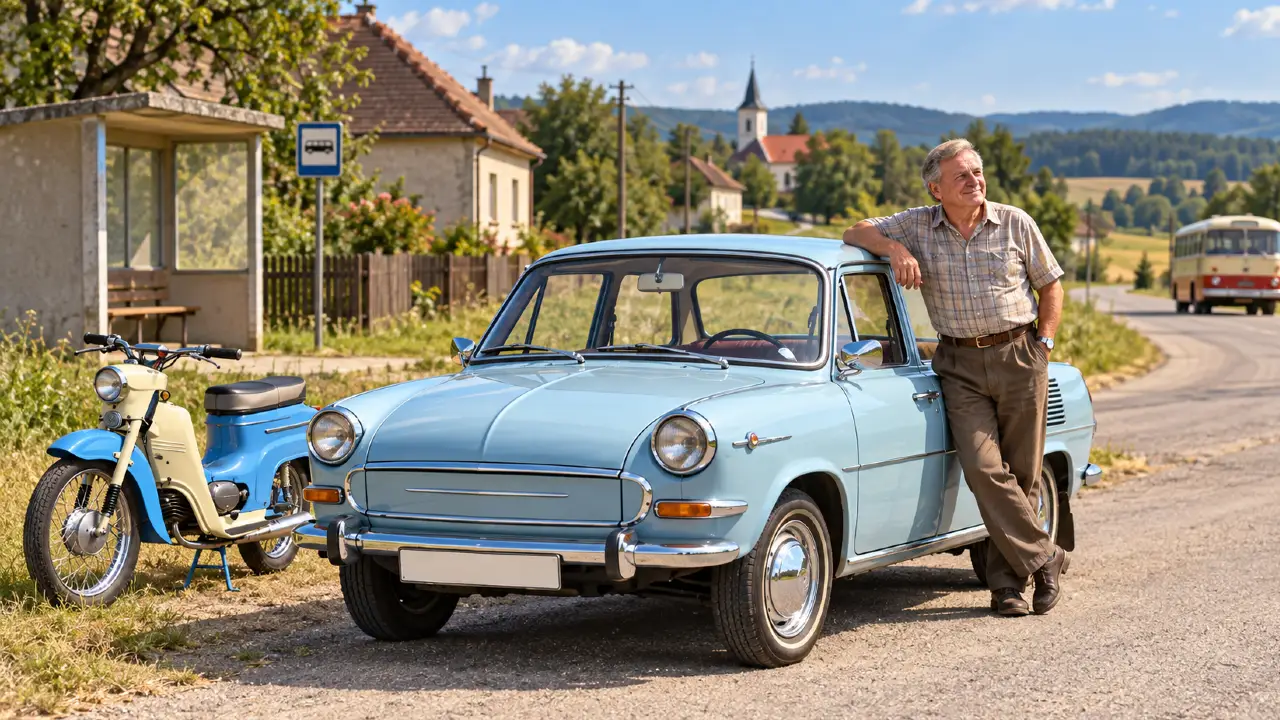 retro autá a motocykel na ceste z čias Československa