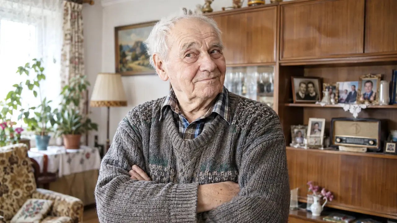senior s pobaveným výrazom premýšľa nad vedomostným kvízom