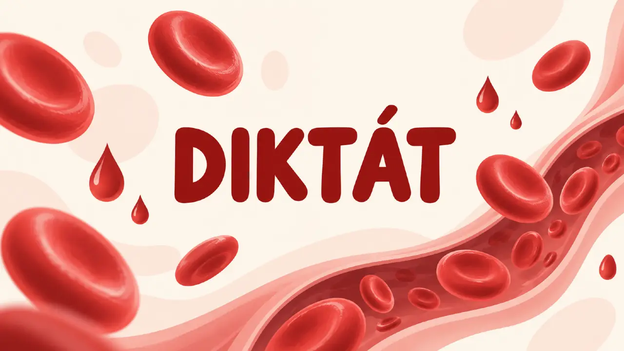 Prečo je naša krv červená, ale žily vyzerajú modré? + diktát 1 Červené krvinky a krvná cieva okolo nápisu Diktát.