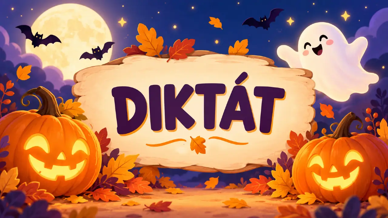 Čo znamená slovo Halloween a ako vznikol tento sviatok? + diktát 1 Vyrezávané tekvice, netopiere a jesenné motívy okolo nápisu Diktát pri téme Halloween.