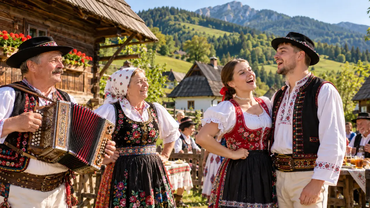Na Orave dobre, na Orave... Dokončíte správne 9 slovenských ľudoviek? 1 Ľudia v slovenských krojoch spievajú ľudové piesne na vidieku