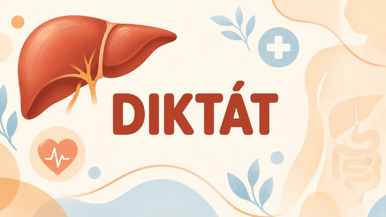 Čo robí pečeň a prečo je pre telo taká dôležitá? + diktát 1 Ilustrácia pečene a zdravotníckych prvkov okolo nápisu Diktát.