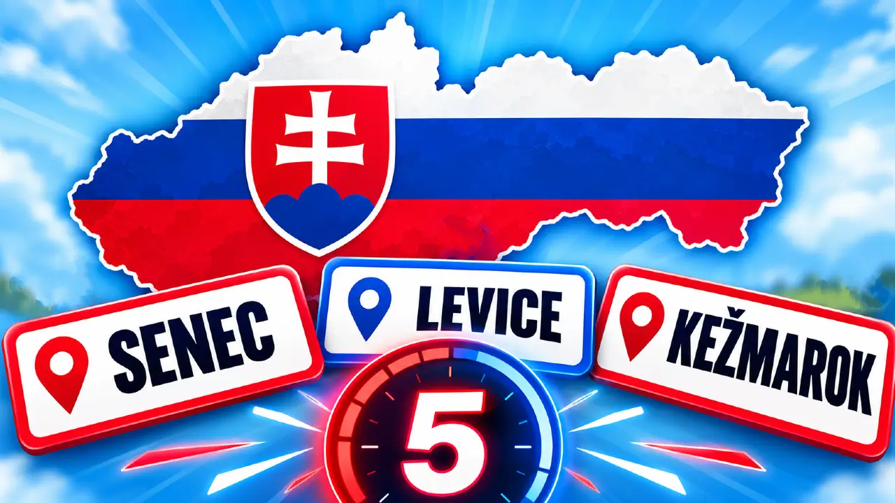 Rýchly kvíz o Slovensku: Viete za 5 sekúnd priradiť mesto k správnemu kraju? 1 Mapa Slovenska a názvy miest v rýchlom kvíze o slovenských krajoch.